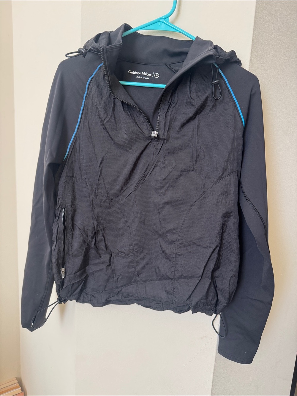 Outdoor Voices Black Hooded Rain Shell with Blue Trim